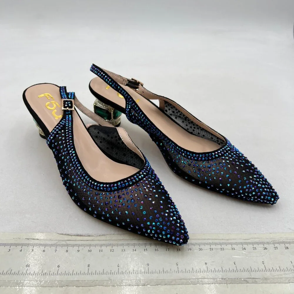 FSJ Dark Purple Pointed Toe Slingback Wedding Chunky Low Heel Rhinestone Pumps - Picture 4 of 8